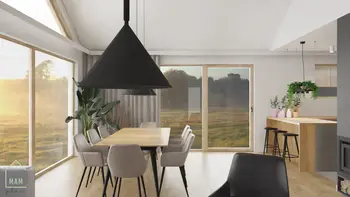 Wnętrze jadalni z dużym stołem, minimalistycznymi krzesłami i dekoracjami roślinnymi.