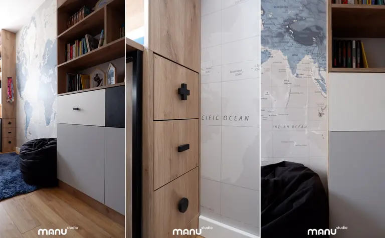 Wnętrze pokoju z drewnianą biblioteczką i mapą świata, nowoczesny, skandynawski, współczesny
