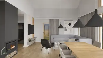 Wnętrze salonu z kominkiem, szarymi zasłonami i minimalistycznymi lampami.