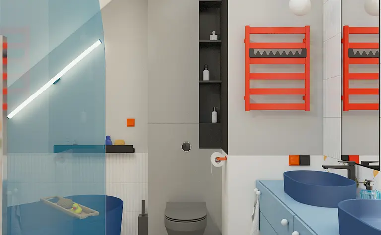 Nowoczesna łazienka z niebieskimi umywalkami i czerwonymi detalami, dopamine decor, minimalistyczny, minimaluxe