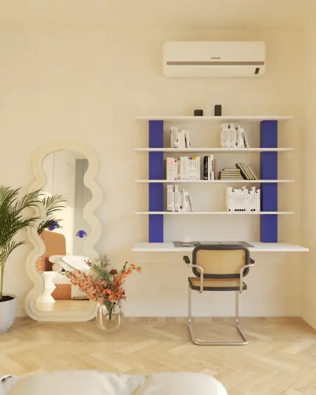Wnętrze biura w stylu eklektycznym z art deco, minimalistycznym, vintage i nowoczesnym.