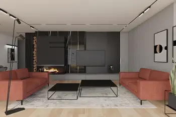 Wnętrze salonu w stylu minimalistycznym z czerwonymi kanapami, nowoczesnym kominkiem i czarnymi detalami.