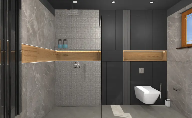 Wnętrze łazienki w stylu dopamine decor i minimalistycznym z szarymi i czarnymi akcentami.