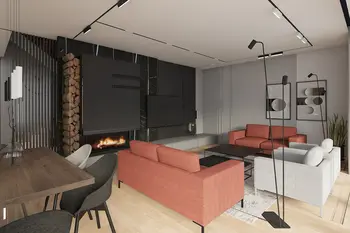 Wnętrze salonu w minimalistycznym stylu z kominkiem i nowoczesnymi meblami.