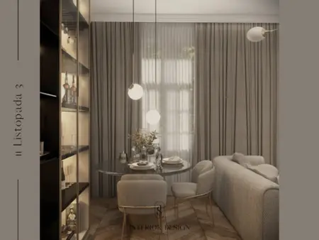 Wnętrze jadalni z elementami vintage i quiet luxury, okrągły stół, szare zasłony.