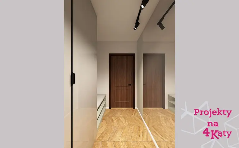 Przedpokój w stylu eklektycznym, minimalistycznym i nowoczesnym z drewnianą podłogą.