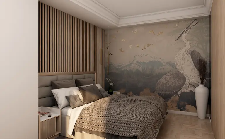 Wnętrze sypialni z drewnianą ścianą i obrazem, nowoczesny styl, współczesny design.