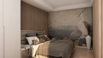 Wnętrze sypialni z drewnianą ścianą i obrazem, nowoczesny styl, współczesny design.