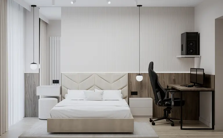 Sypialnia w minimalistycznym stylu z białym łóżkiem, drewnianymi detalami i nowoczesnym biurkiem.