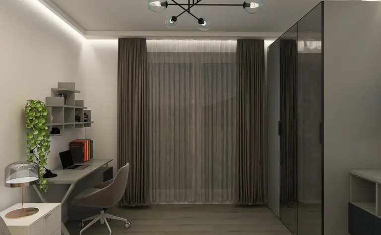 Eklektyczne wnętrze biura z minimalistycznym biurkiem, nowoczesną lampą i rośliną.