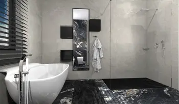 Nowoczesna łazienka z białą wanną, czarnymi dodatkami, styl dopamina decor, industrialny, japandi, minimalistyczny.
