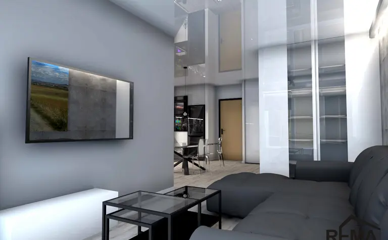 Nowoczesny salon z szarymi ścianami i czarnymi akcentami, styl industrialny i minimalistyczny.