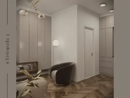Przedpokój z beżowymi meblami i vintage dodatkami w stylu quiet luxury.