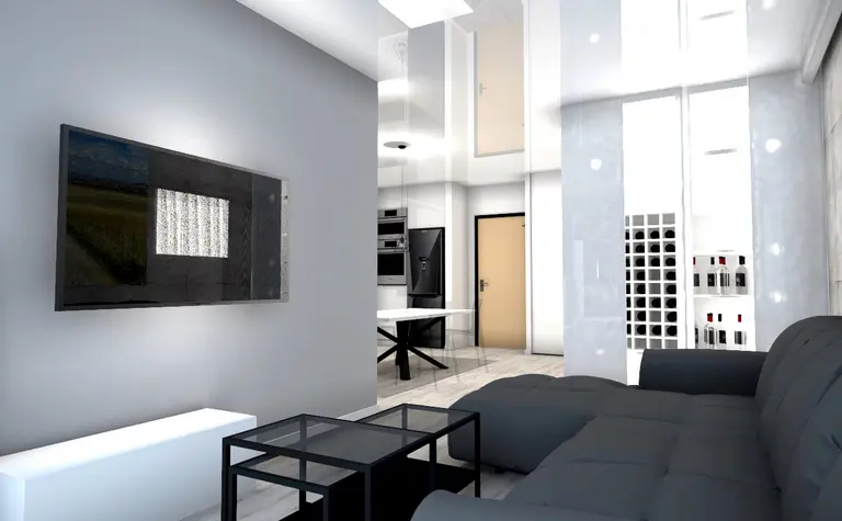 Wnętrze salonu w stylu industrialnym i minimalistycznym z szarymi meblami.