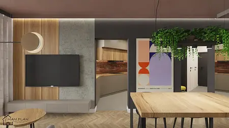 Wnętrze w stylu industrialnym z drewnianym stołem i szaro-beżowymi ścianami.