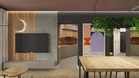 Wnętrze w stylu industrialnym z drewnianym stołem i szaro-beżowymi ścianami.