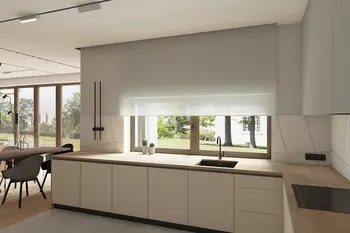 Nowoczesna kuchnia z minimalistycznym designem, drewnianym blatem i białymi szafkami. Współczesne wnętrze.