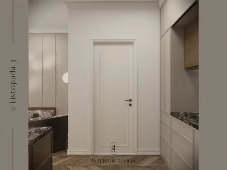 Korytarz w stylu quiet luxury i vintage z jasnymi ścianami i drewnianą podłogą