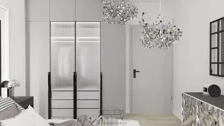 Garderoba w stylu glamour i nowoczesnym z szarymi meblami.