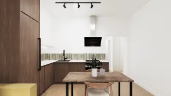 Kuchnia w stylu boho i minimalistycznym z drewnianymi meblami i białymi elementami.