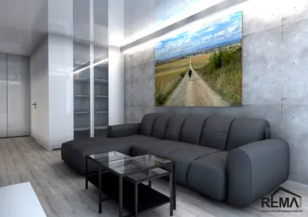 Wnętrze salonu w stylu industrialnym i minimalistycznym z szarymi ścianami i czarną sofą.
