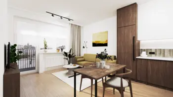 Wnętrze salonu w stylu boho i minimalistycznym z zieloną sofą i drewnianym stołem.