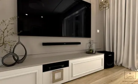 Salon z telewizorem, drewnianą szafką i roślinnością, styl eklektyczny.