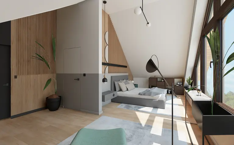 Wnętrze sypialni w stylu boho i minimalistycznym z drewnem i nowoczesnym oświetleniem.