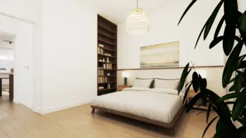 Sypialnia w stylu boho i minimalistycznym z łóżkiem oraz drewnianą półką.