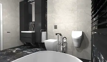 Nowoczesna łazienka z czarnymi meblami, szarymi płytkami i minimalistycznym designem.