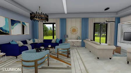 Wnętrze salonu w stylu art deco i nowoczesnym z niebieską sofą i jasnymi dodatkami.