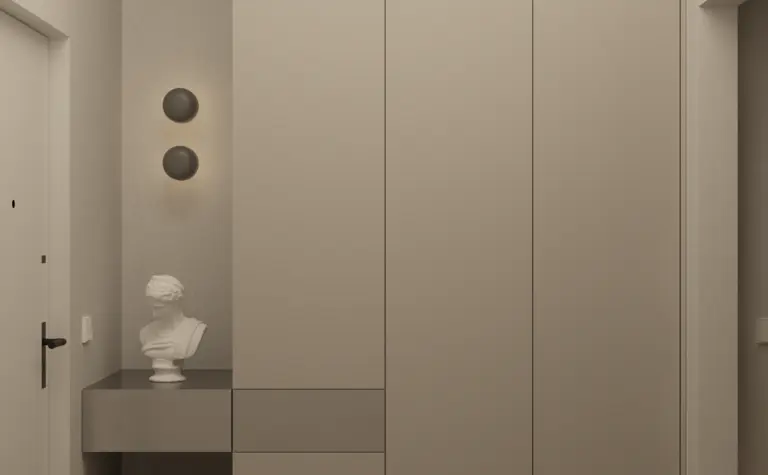 Przedpokój w stylu minimalistycznym z szafą, rzeźbą i podłogą.