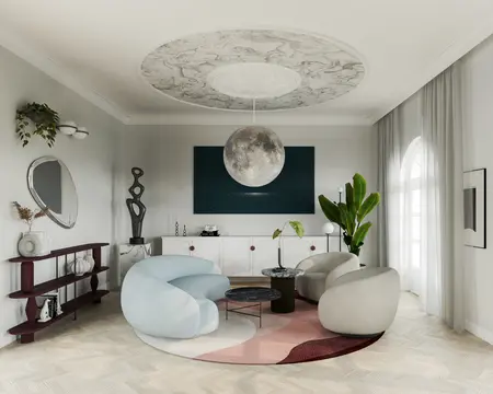 Wnętrze salonu z nowoczesnymi meblami w stylu dopamine decor i glamour.