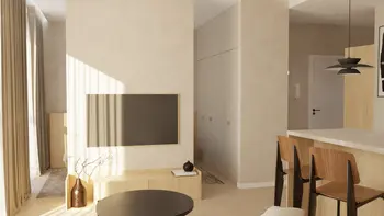 Minimalistyczne wnętrze z telewizorem i drewnianymi akcentami w stylu japandi.