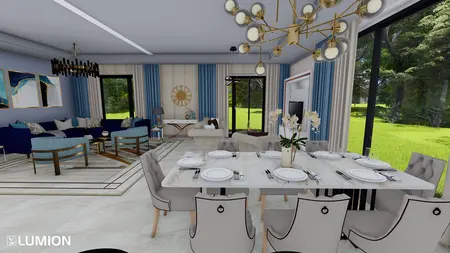 Wnętrze salonu w stylu art deco i nowoczesnym z niebieską sofą i białym stołem.