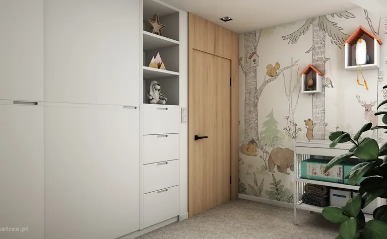 Wnętrze pokoju dziecięcego z białymi meblami i drewnianą tapetą w nowoczesnym stylu.