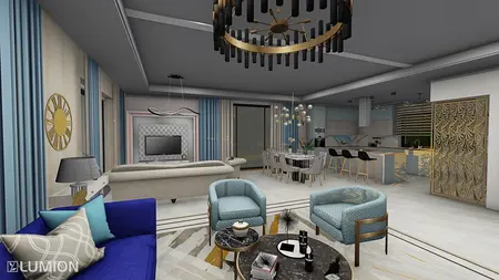 Wnętrze salonu w stylu art deco i nowoczesnym z niebieską kanapą, eleganckim oświetleniem i drewnianymi akcentami.