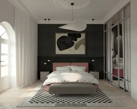Sypialnia z elementami dopamine decor, eklektycznymi i glamour.