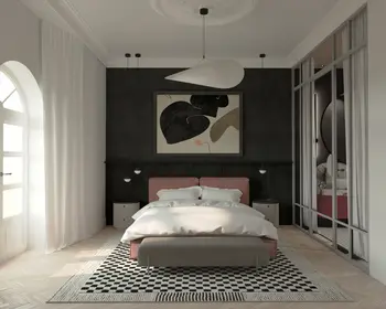 Sypialnia z elementami dopamine decor, eklektycznymi i glamour.