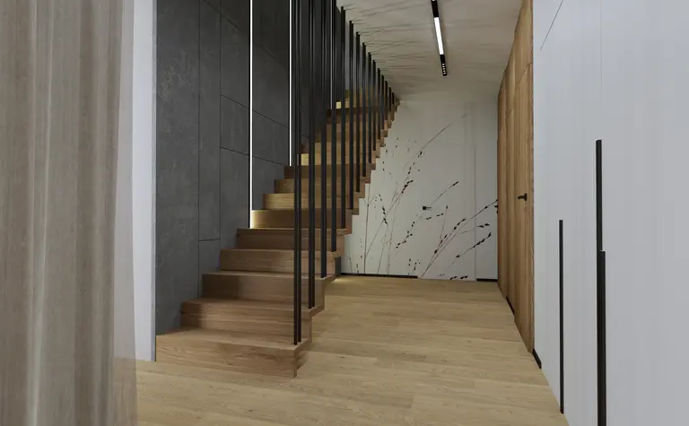 Korytarz z drewnianymi schodami i szarymi ścianami, nowoczesny design