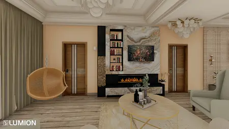 Wnętrze salonu w stylu art deco i nowoczesnym z beżową sofą i drewnianym stołem.