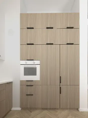 Minimalistyczna kuchnia Japandi z drewnianymi meblami i białymi detalami.