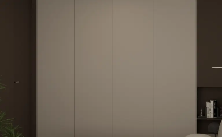 Sypialnia z minimalistycznym designem, brązowe ściany, nowoczesne meble.