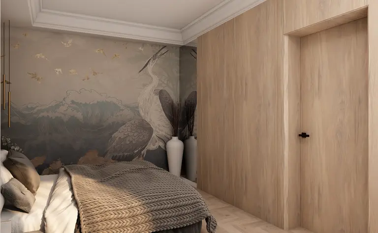 Wnętrze sypialni z drewnianą ścianą, obrazkiem i nowoczesnymi detalami.