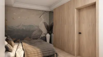 Wnętrze sypialni z drewnianą ścianą, obrazkiem i nowoczesnymi detalami.