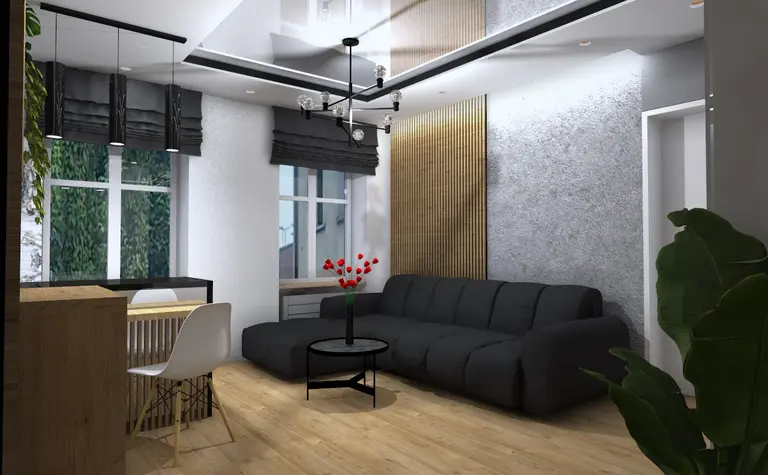 Wnętrze salonu w stylu industrialnym z nowoczesnymi akcentami, skandynawskim designem.