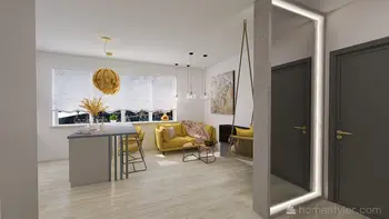 Wnętrze salonu w stylu eklektycznym, minimalistycznym i współczesnym z żółtą sofą.
