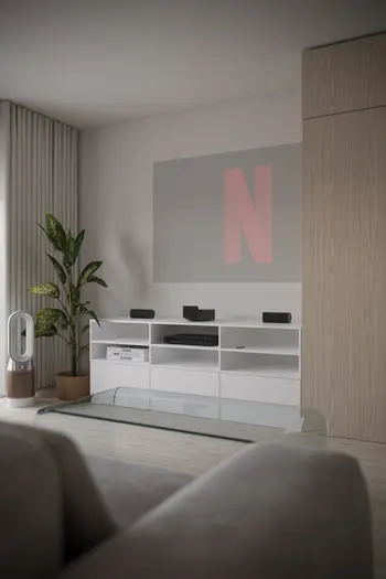 Wnętrze salonu w stylu japandi, minimalistycznym i skandynawskim z rośliną i nowoczesnym sprzętem