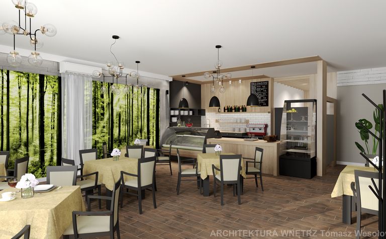Wnętrze restauracji z drewnianymi stołami, zielonymi dekoracjami i nowoczesnym oświetleniem.