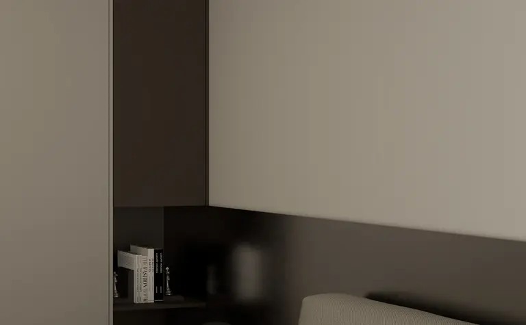 Sypialnia w minimalistycznym stylu z szarymi ścianami i nowoczesnym oświetleniem.